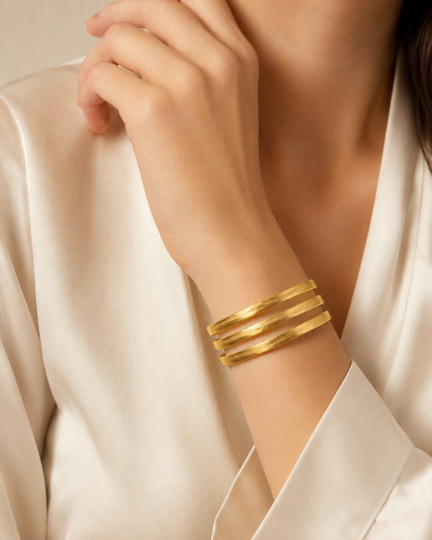 Triple Line Brushed Gold Bangle Bracelet