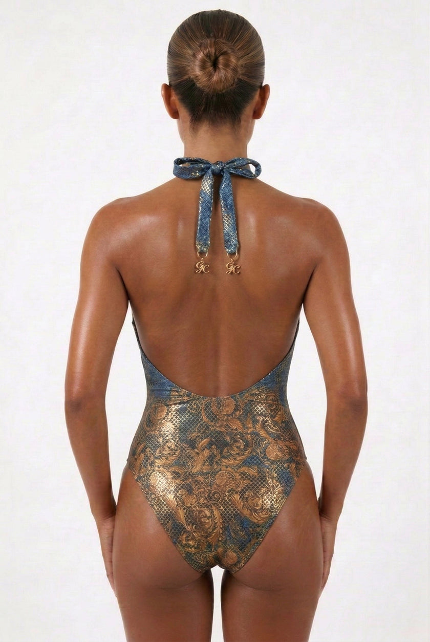Baroc Queen | Baroc-Denim V-Neck Swimsuit
