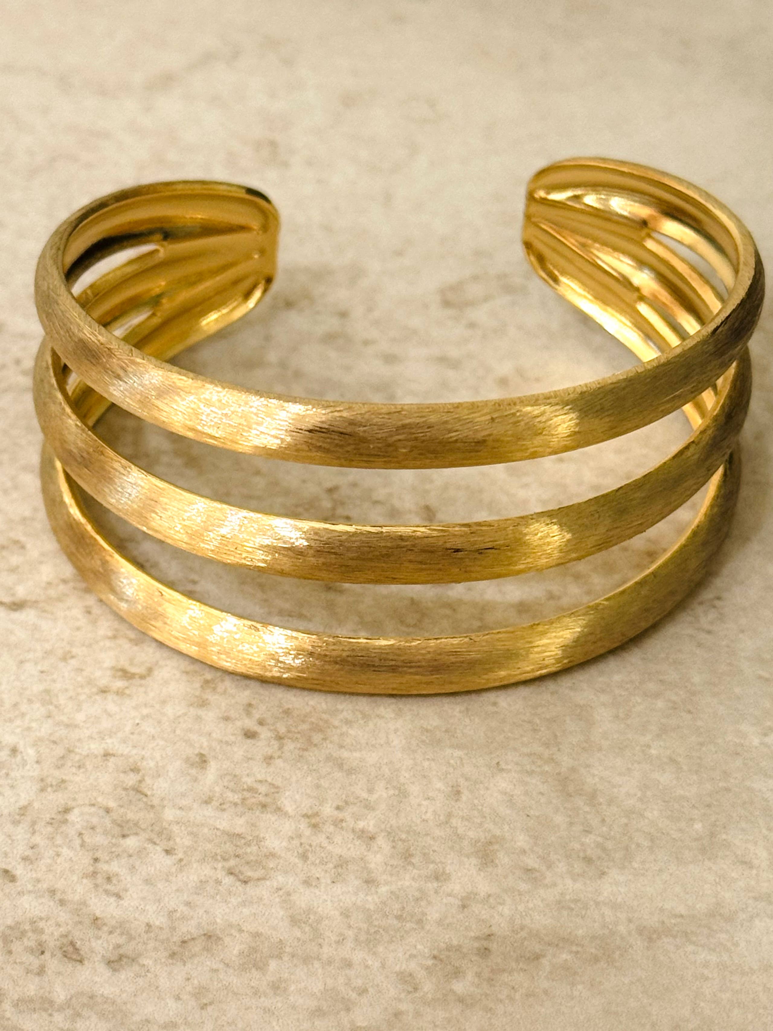 Triple Line Brushed Gold Bangle Bracelet